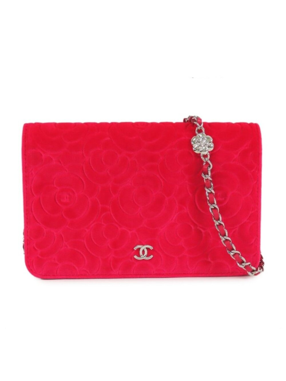 Chanel Camellia Wallet Chain Red Pink Silver Velour Leather Shoulder Bag